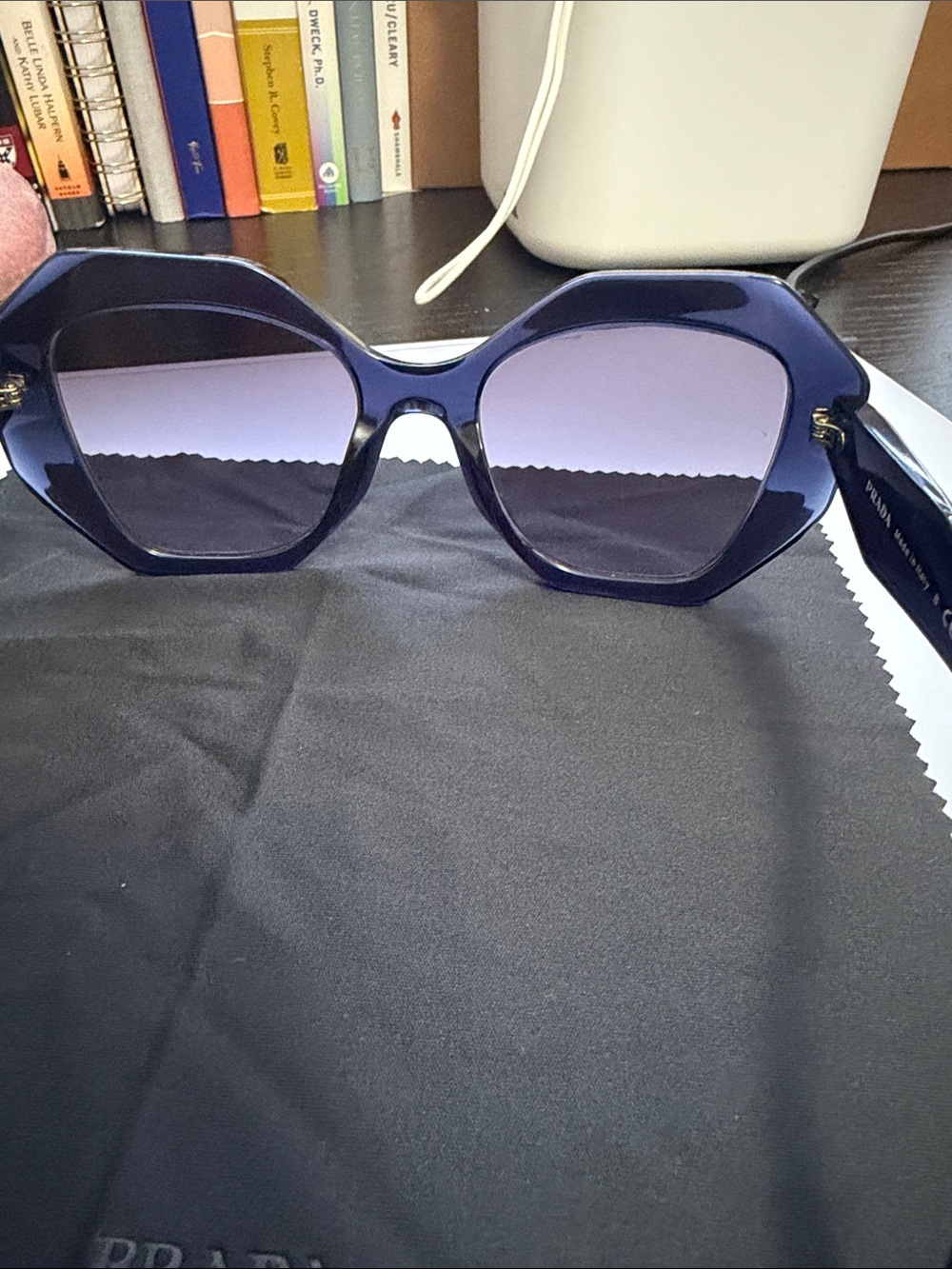 Prada Dark Blue Sunglasses with Gold Logo Accent - Picture 7 of 12